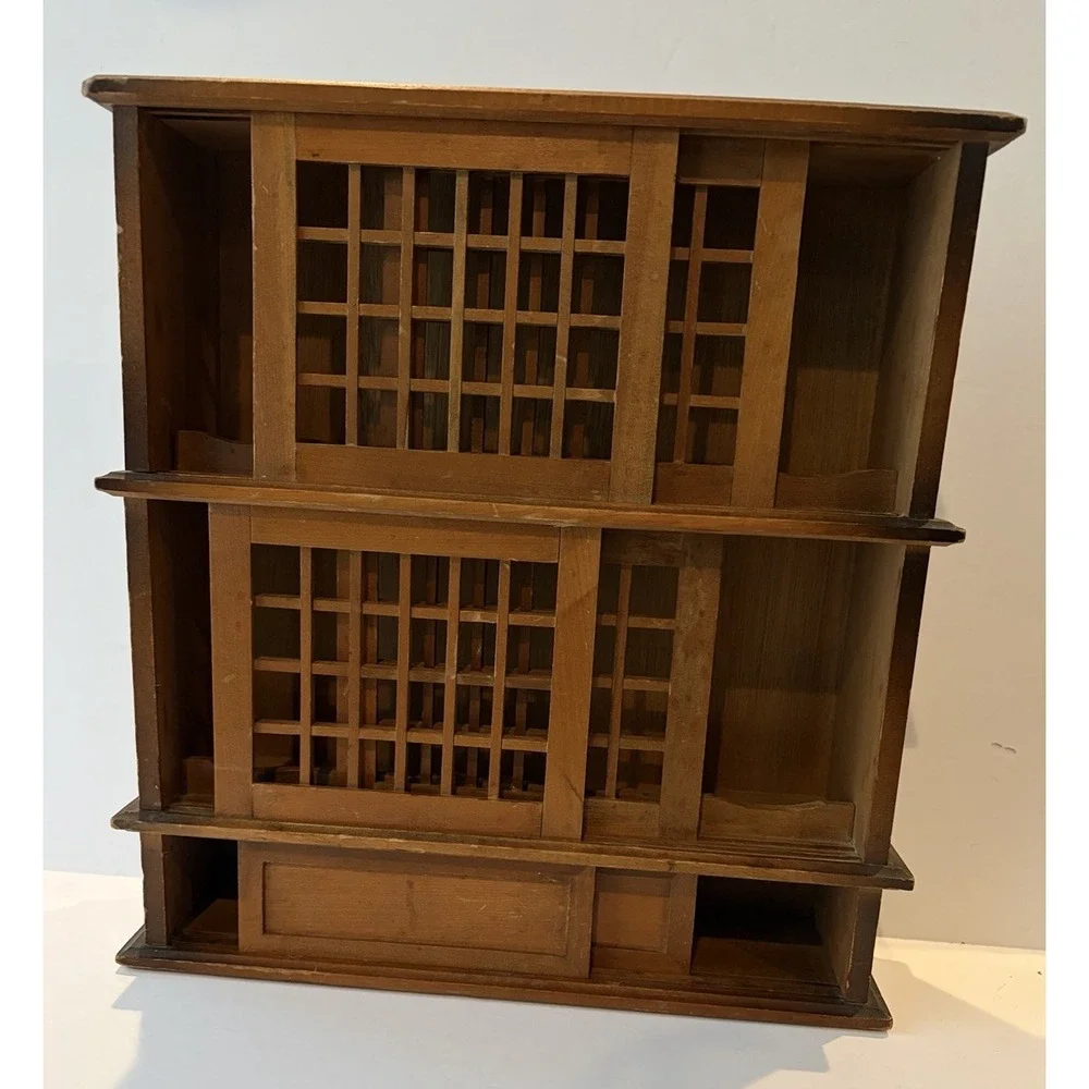 Japanese Tansu Style Display Cabinet Wood Lattice Sliding Doors Shelf